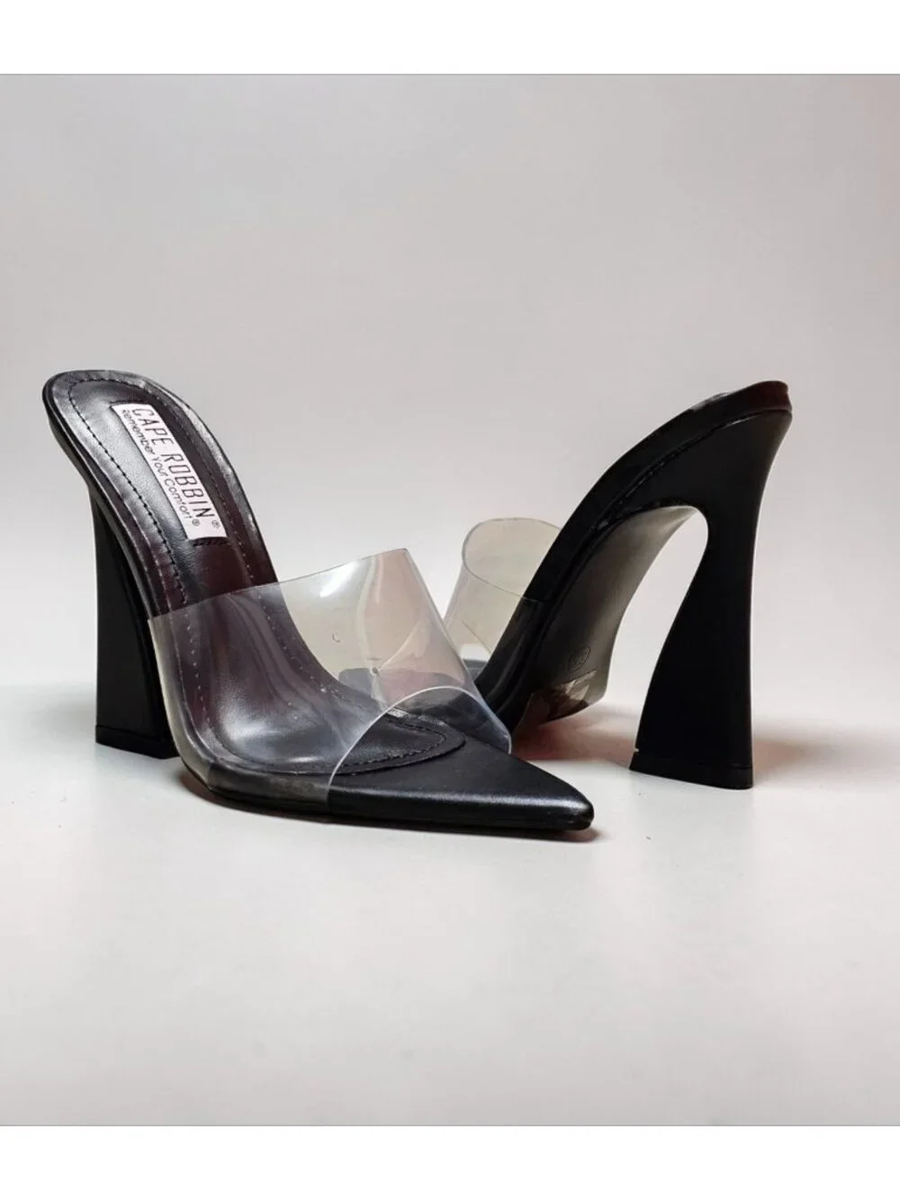 Clear & Black Pointed Toe Mules With Flared Heels